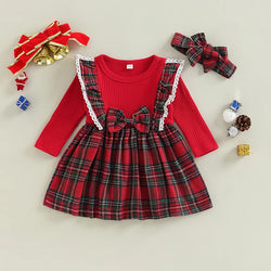 Set Festive Plaid Dress with Ruffle Sleeves Matching Headband for Christmas Party