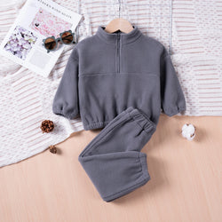 Winter New Toddler Solid Colour Warm Suit Boys Girls Long Sleeve Zip Up Sports Top + Drawstring Trousers 2pcs Daily Wear Casual