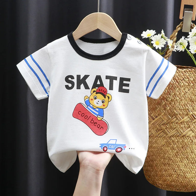 2024 Summer Children Cartoon T-shirt for Baby Boy Animal Printing Dinosaur Cat Boys T Shirt Girls Tops Tees Striped Kids Clothes