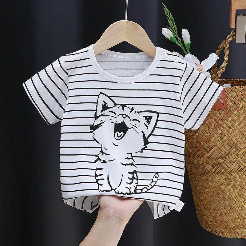 2024 Summer Children Cartoon T-shirt for Baby Boy Animal Printing Dinosaur Cat Boys T Shirt Girls Tops Tees Striped Kids Clothes