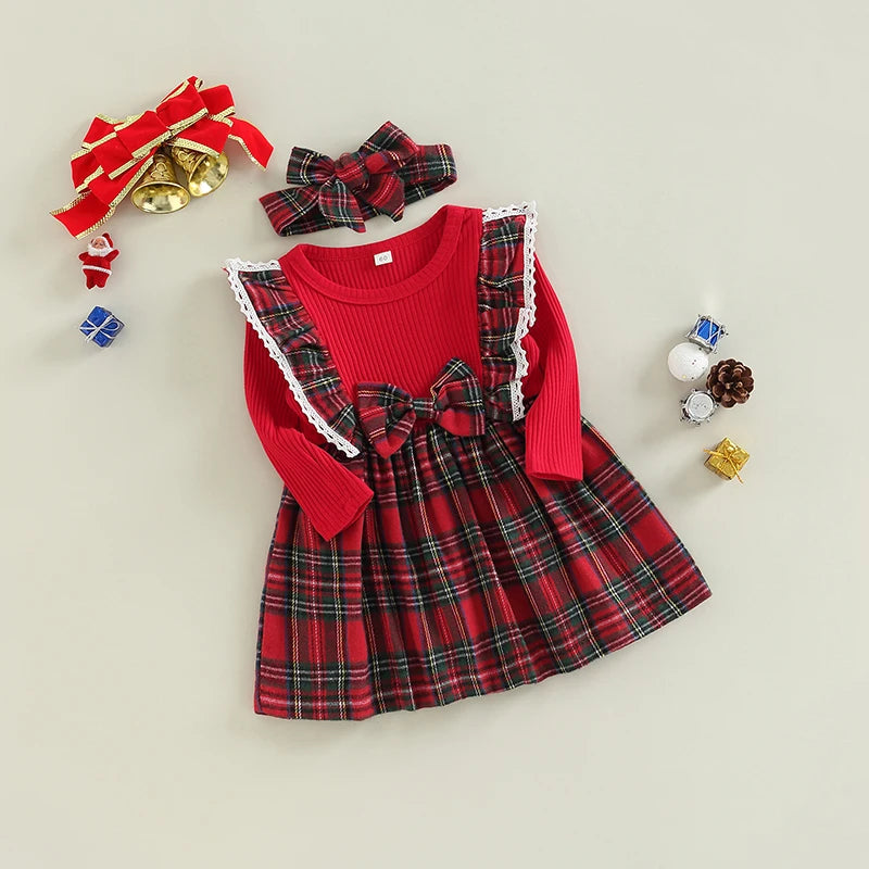 Set Festive Plaid Dress with Ruffle Sleeves Matching Headband for Christmas Party