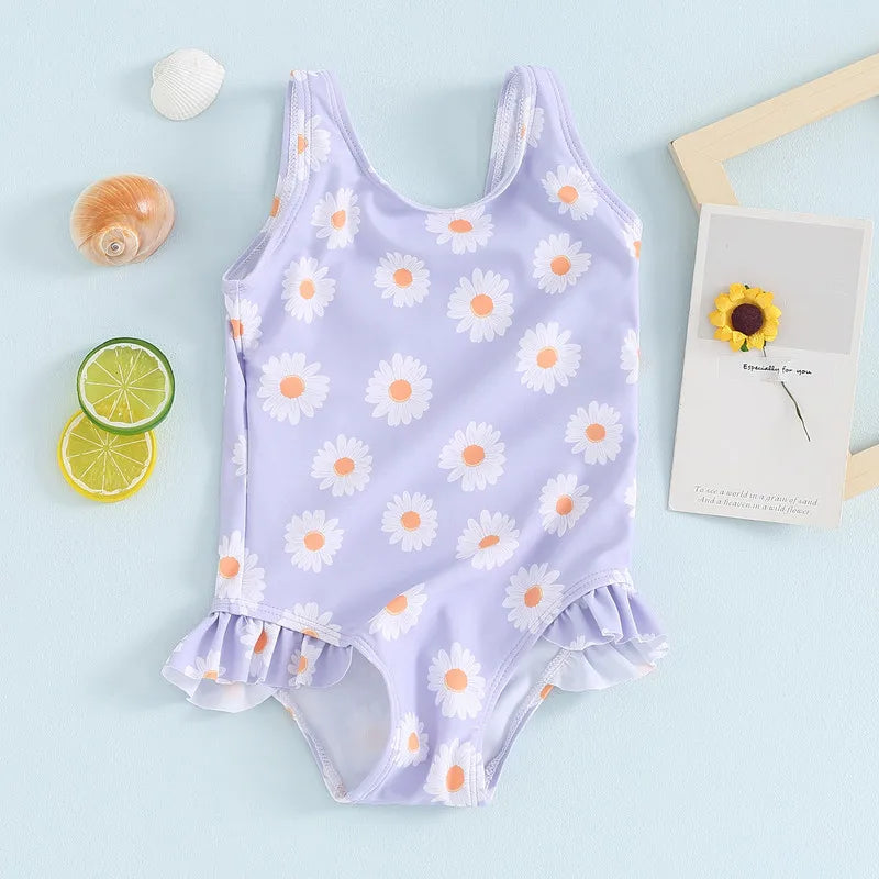 Baby Girl Swimwear Summer Floral Print Sleeveless Ruffle Monokini Swimsuits for Toddler Bathing Suits Beachwear