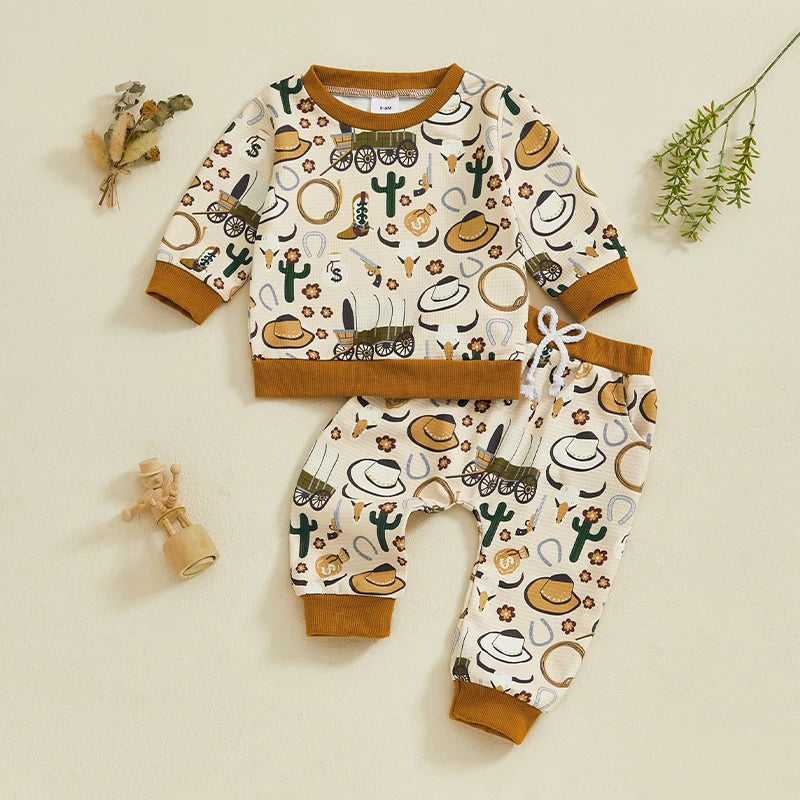 Cowboy Style Toddler Boy s Autumn Outfit Rodeo-Inspired Sweatshirt and Pants Set with Cowgirl Hat Print Western Vibes