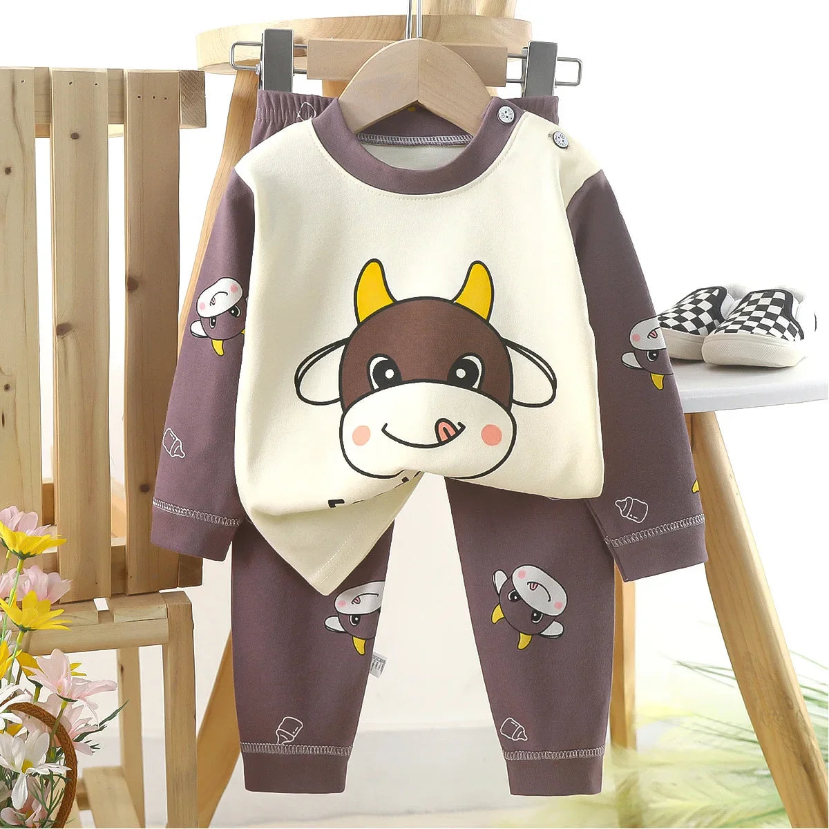 Warm Cotton Pajamas T-Shirt Tops + Pants Sleepwear Sets