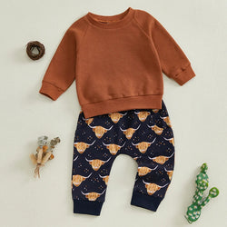 Toddler Cowboy Style Clothing Set Adorable Western Theme Long Sleeve Top with Elastic Waist Pants for Baby Boys